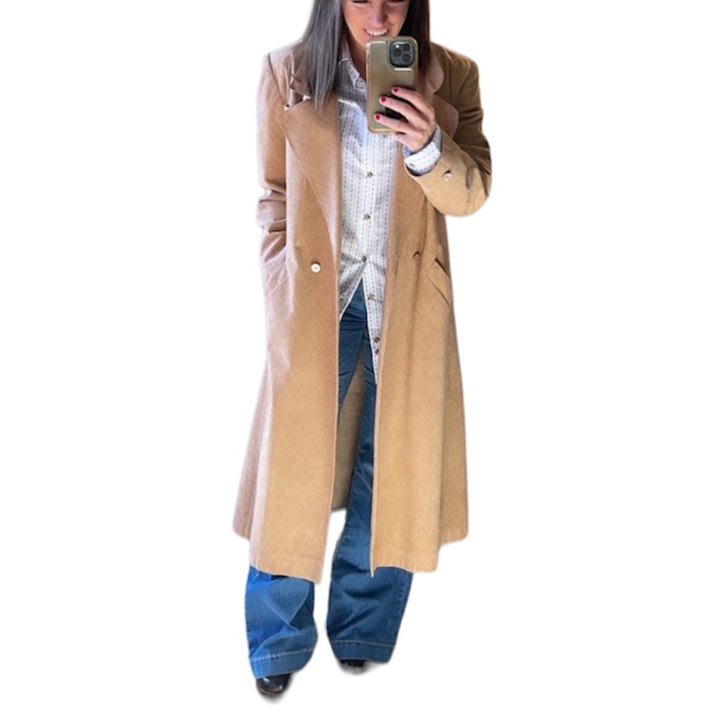 Vintage 1970’s Camel Herringbone Trench Duster Coat Union Made in USA,Size M/L*